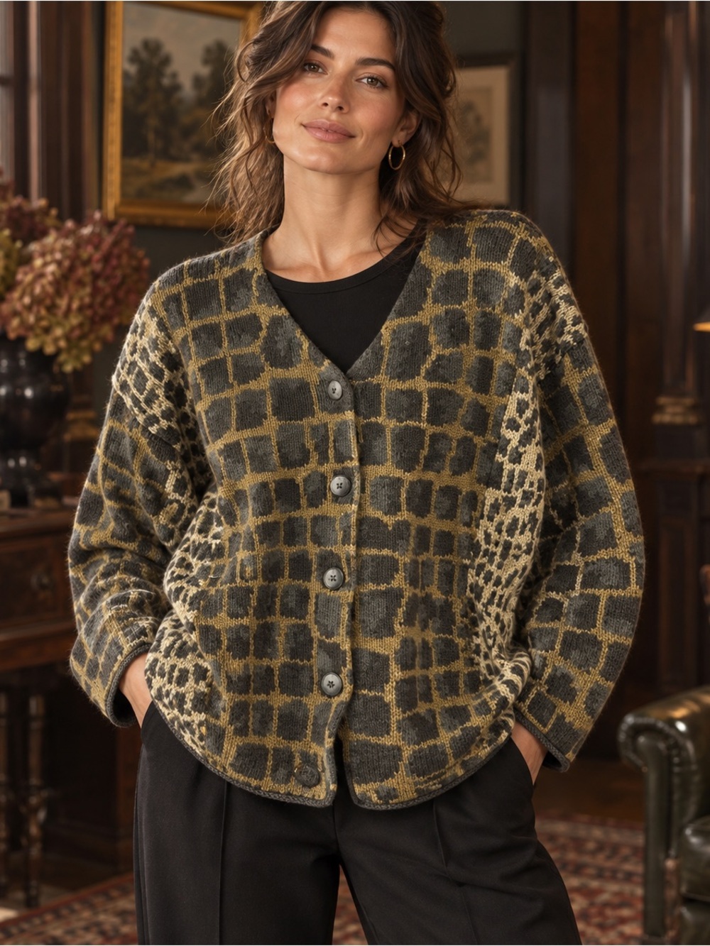 Vintage Adrienne Vittadini Wool Blend Cardigan Animal Print Girafe 24.5” PTP